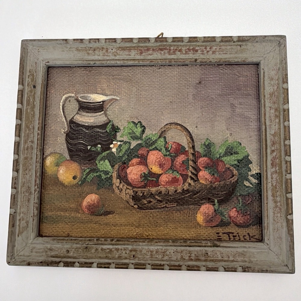 Trick Signed Still Life Oil Painting Strawberries Pitcher Fruit Impasto